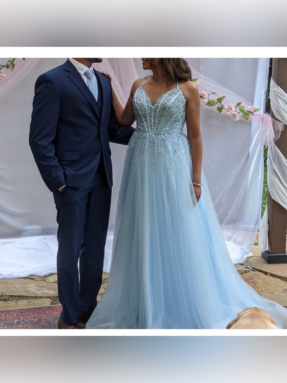 Camille La Vie Light Blue Beaded Backless Prom Gown